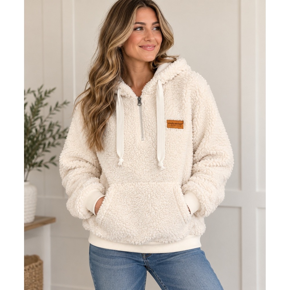 Simply Southern Sherpa Hoodie Women Large Cream Quarter Zip Fleece Pullover